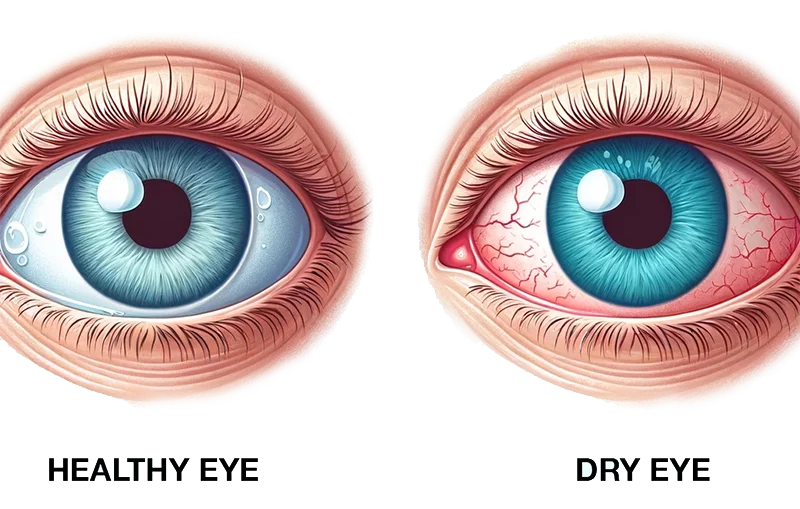 Comparison diagram healthy eye versus dry eye condition symptoms