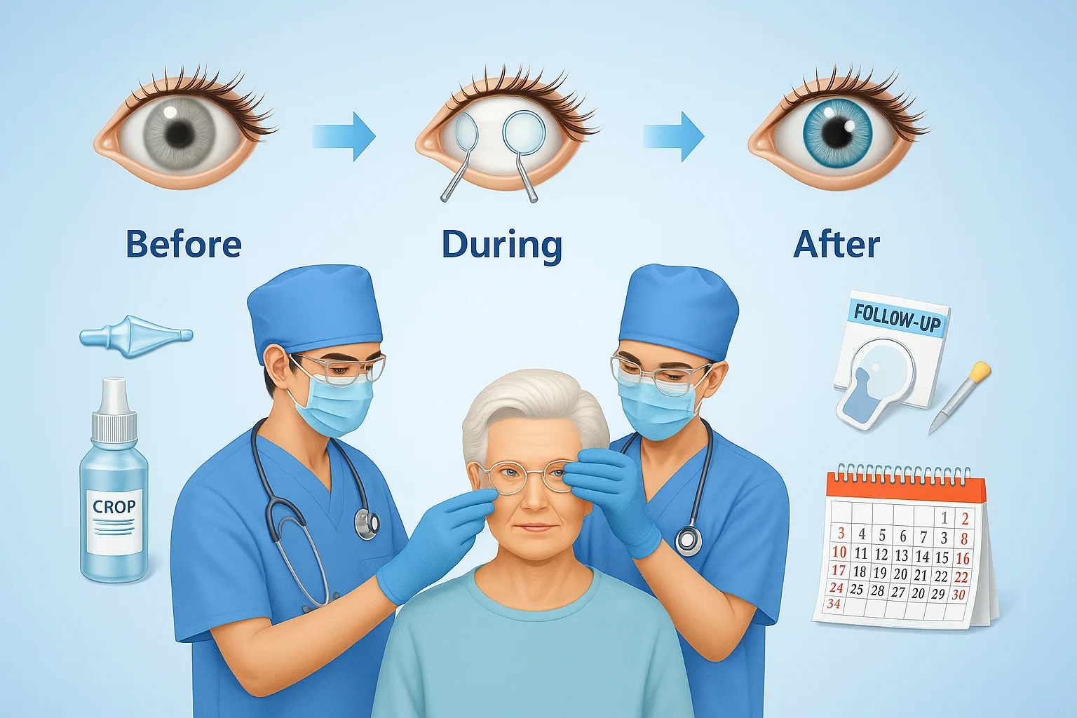 Medical illustration of cataract surgery preparation steps and procedures